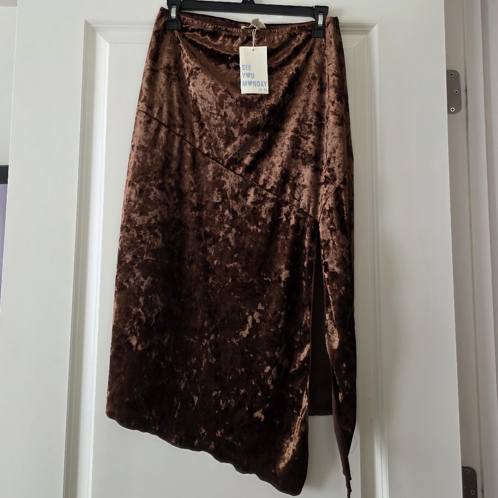 Crushed Velvet Midi Slit Skirt Womens L Whimsygoth Fairycore Brown NWT